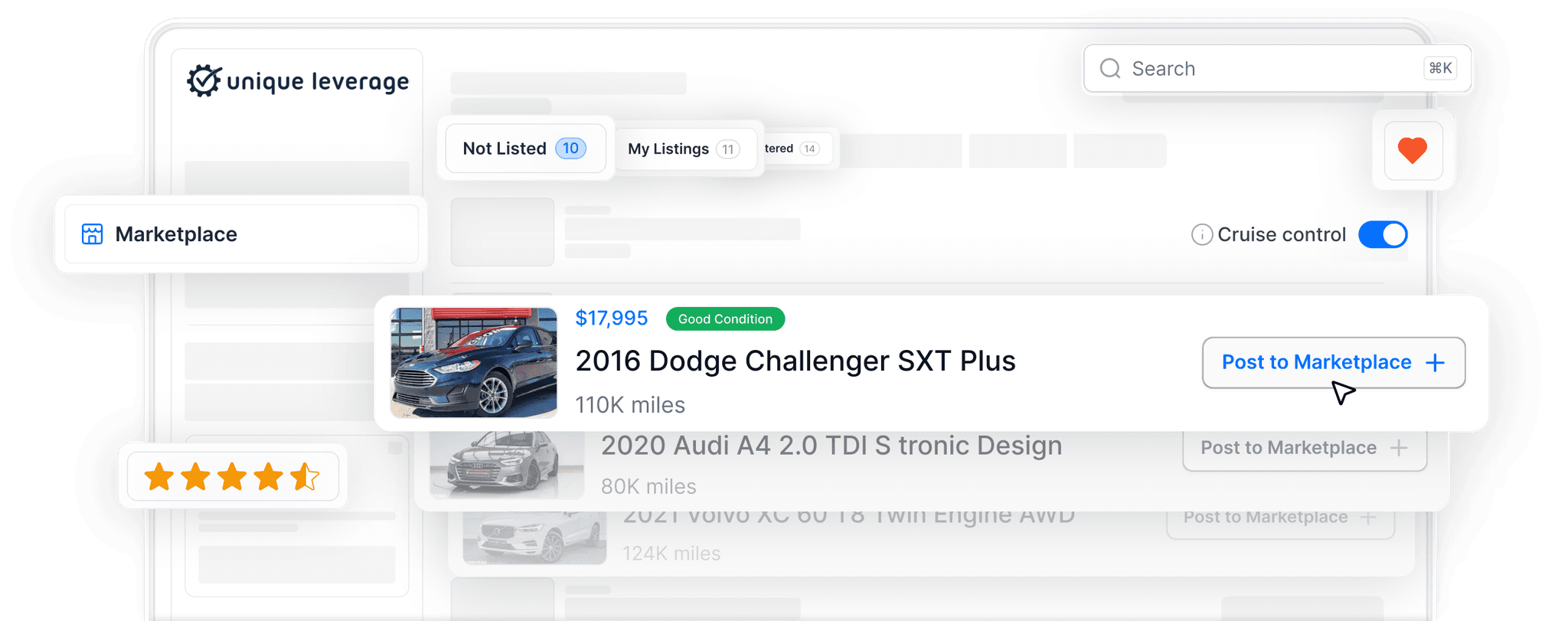 Unique Leverage Marketplace dashboard with vehicle listings and one-click posting